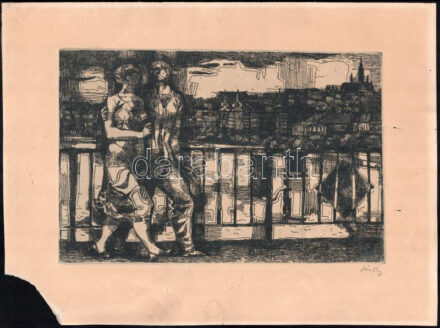 Túry Mária (1930-1992): Séta a Margit-hídon. Rézkarc, papír jelzett, sérült. 19x29 cm