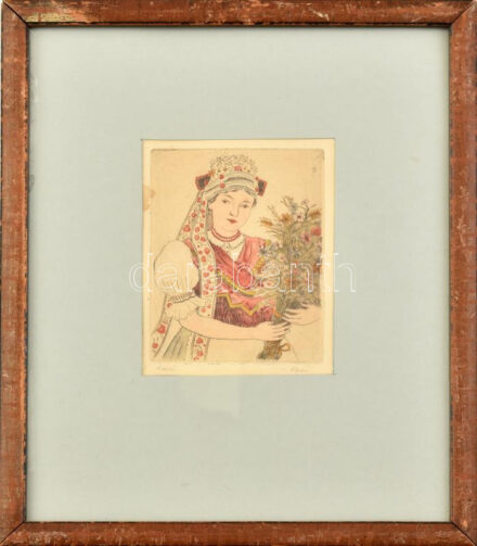 Olvashatatlan jelzéssel: Menyecske népviseletben. Színezett rézkarc, papír, kissé foltos. Üvegezett fakeretben. 12,5x10 cm