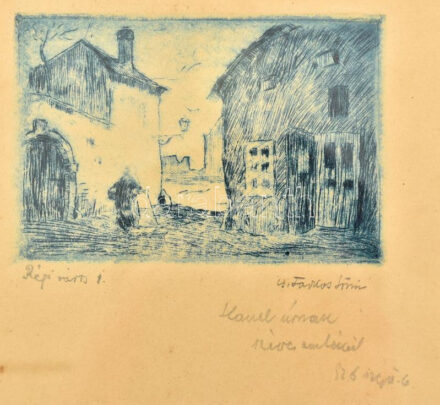 Csallóközi Farkas Lőrinc (1898-1966): Régi város 1. Rézkarc, papír, jelzett, Csallóközi Farkas Lőrinc autográf ajándékozási soraival. Üvegezett fakeretben. 6,5x10 cm
