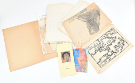 Hornyánszky Gyula (1924-1995) festő, grafikus hagyatékából egy mappa, össz. 46 db, főleg grafikák (ceruza, toll, tus), közte néhány kézirat, meghívó, stb. Jelzéssel / jelzés nélkül, vegyes méretben és állapotban.