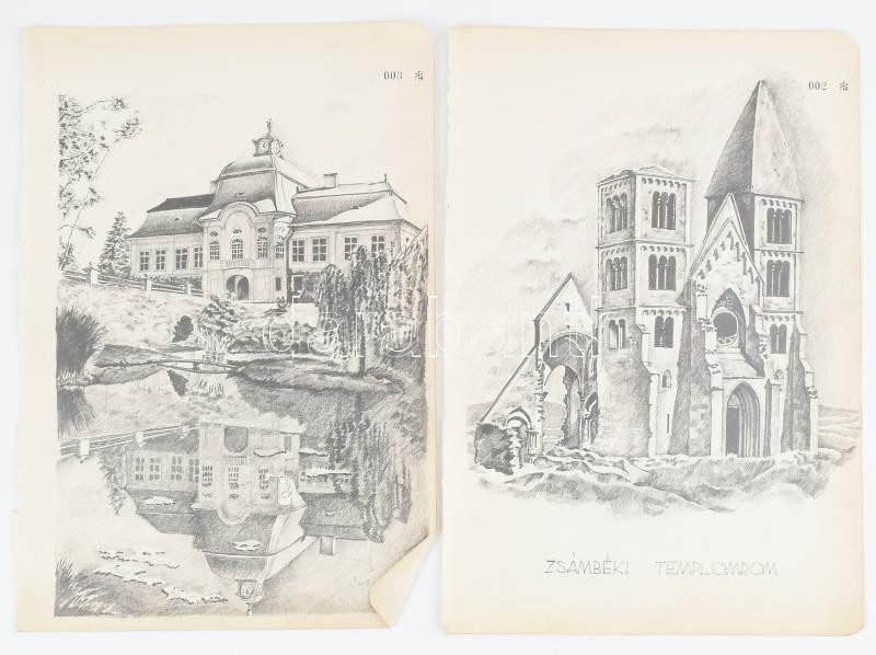 Hornyánszky Gyula (1924-1995) festő, grafikus hagyatékából egy mappa, össz. 46 db, főleg grafikák (ceruza, toll, tus), közte néhány kézirat, meghívó, stb. Jelzéssel / jelzés nélkül, vegyes méretben és állapotban. - Image 2