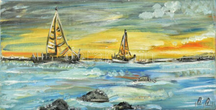 RR jelzéssel: Vitorlások. Olaj, vászon. 20×50 cm