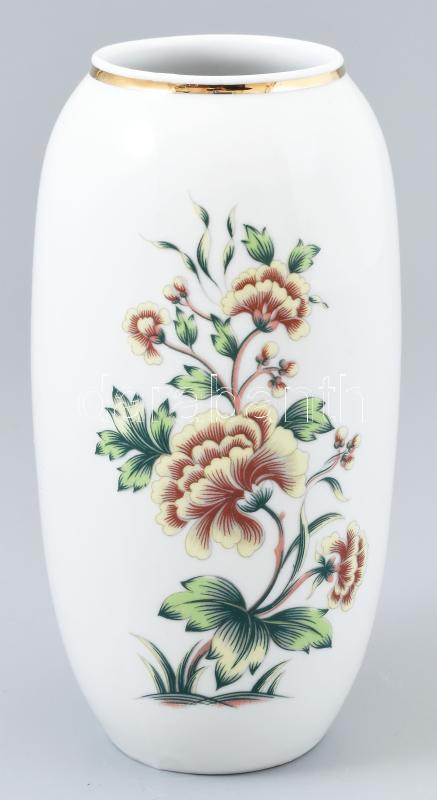 Hollóházi virágmintás váza, jelzett, hibátlan, m: 17 cm