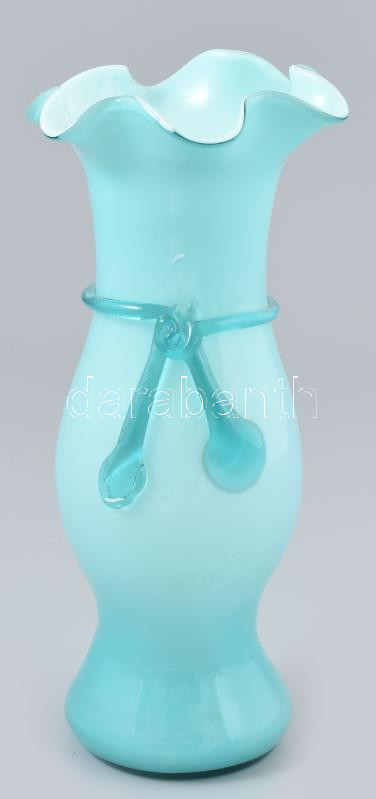 Türkiz tejüveg, fodros váza, hibátlan, m: 20cm