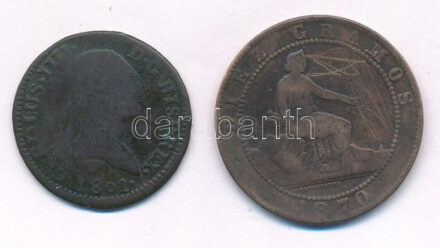 Spanyolország 1808. 4M Cu 'IV. Károly' + 1870. 10c bronz T:2-,3 patina Spain 1808. 4 Maravedi Cu 'IV Charles' + 1870. 10 Centimos bronze C:VF,F patina Krause KM #427, #663