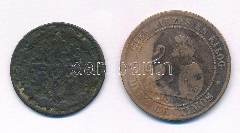 Spanyolország 1808. 4M Cu 'IV. Károly' + 1870. 10c bronz T:2-,3 patina Spain 1808. 4 Maravedi Cu 'IV Charles' + 1870. 10 Centimos bronze C:VF,F patina Krause KM #427, #663 - Image 2