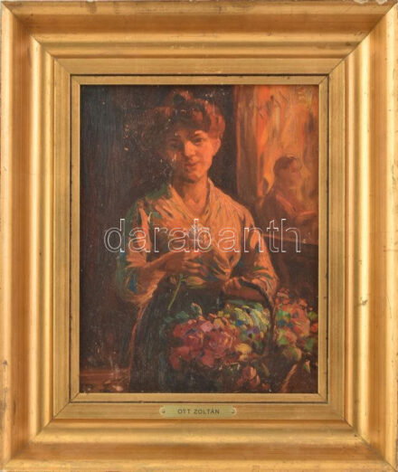 Ott Z jelzéssel: Lány virágokkal. Olaj, fa. Kissé sérült. Dekoratív, kissé sérült fakeretben. 28×22,5 cm