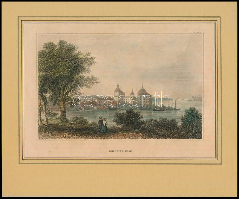 Johan Fredrik Julin (1798-1843) után: Gripsholm kastélya. Színezett acélmetszet, papír, jelzett a metszeten. Paszpartuban. 10x15 cm