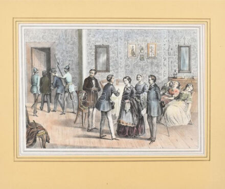 cca 1850 Hagyatéki perpatvar (Die Wiedererlangung des Testaments). Kézzel színezett litográfia, papír. Oeser, Neusalza kiadása. 14x20 cm. Paszpartuban.