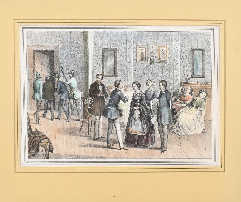 cca 1850 Hagyatéki perpatvar (Die Wiedererlangung des Testaments). Kézzel színezett litográfia, papír. Oeser, Neusalza kiadása. 14x20 cm. Paszpartuban.