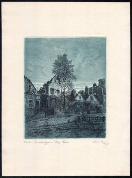 Robert Aust (1900-?): Bécs, Kaunitzgasse. Színes rézkarc, papír, jelzett, 18,5x15 cm