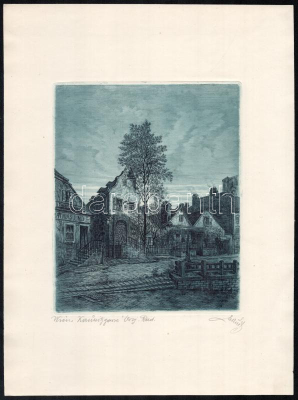 Robert Aust (1900-?): Bécs, Kaunitzgasse. Színes rézkarc, papír, jelzett, 18,5x15 cm