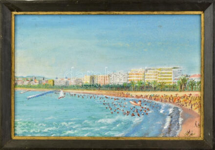 Jelzés nélkül: Strandolók. Olaj, farost, dekoratív fakeretben, 28×45 cm