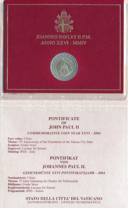 Vatikán 2004. 2E 'A Vatikánvárosi Állam alapításának 75. évfordulója' eredeti díszkiadásban T:1 kis patina Vatican 2004. 2 Euro '75th Anniversary of the Foundation of the Vatican City State' in original packing C:UNC small