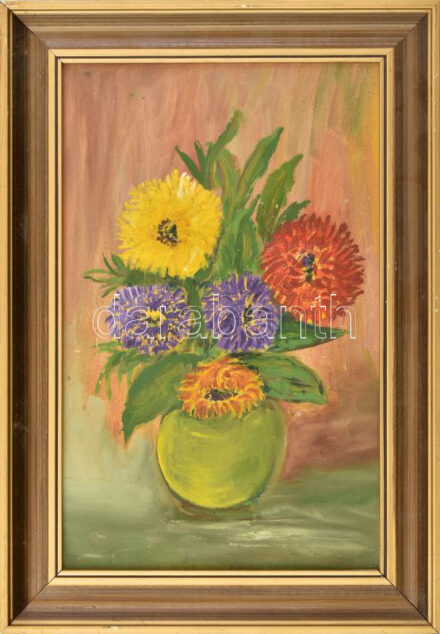 Jelzés nélkül: Csendélet. Olaj, farost, dekoratív fakeretben, 34×22 cm