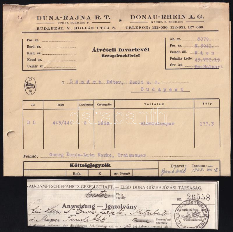 cca 1900-1940 Dunai hajó fuvarlevelek, elismervények DDSG, Duna-Rajna Rt. 5 db - Image 2