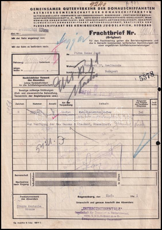 cca 1900-1940 Dunai hajó fuvarlevelek, elismervények DDSG, Duna-Rajna Rt. 5 db - Image 3