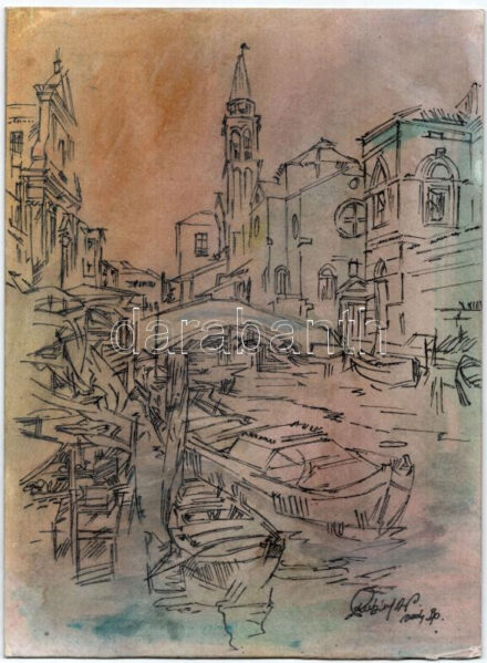 Rubint Ávrahám Péter (1958-): Velencei részlet. Vegyes technika, papír, kartonra kasírozva, jelzett, jobb alsó sarkában kissé sérült, 35×26 cm