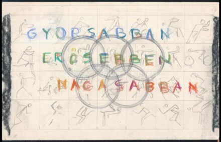 Rác András (1926-2013): 'Gyorsabban, erősebben, magasabban' (olimpiai ötkarika). Ceruza, kréta, karton, jelzés nélkül. Proveniencia: A művész hagyatéka. 19x30 cm