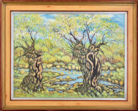 Kocsis 2006 jelzéssel: Zöldellő táj. Olaj, farost. Dekoratív fakeretben. 55x70 cm