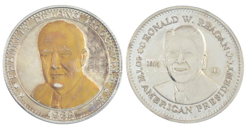 Amerikai Egyesült Államok ~1980. 'Ronald Reagan' kétoldalas emlékérem (39mm) + 'Franklin Delano Roosevelt' kétoldalas bicolor emlékérem (39mm) T:1-bevonaton kopás USA ~1980. 'Ronald Reagan' two sided commemorative medallion (39mm) +