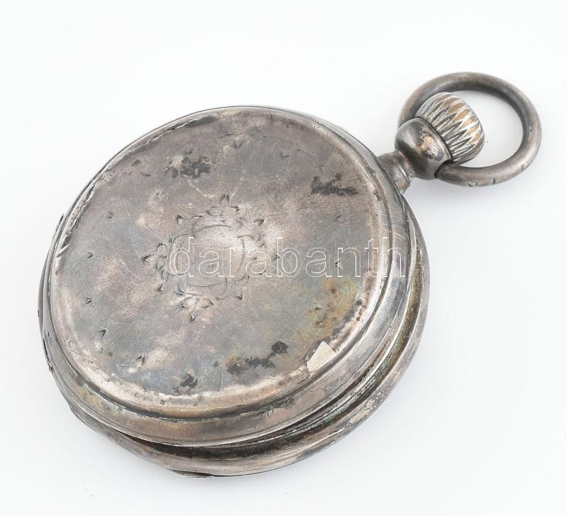 Régi Remontoir zsebóra, 15 köves szerkezettel, sérült számlappal, duplafedeles, ezüstözött tokkal, d: 47 mm - Image 2