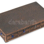 Lignifer retró bronz doboz, fabetétekkel, üveg berakással, jelzett, hibátlan, 10x19x4 cm