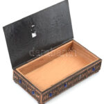 Lignifer retró bronz doboz, fabetétekkel, üveg berakással, jelzett, hibátlan, 10x19x4 cm - Image 2