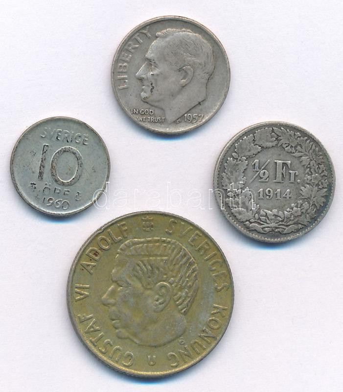 Vegyes: Amerikai Egyesült Államok 1957. 1d Ag 'Roosevelt' + Svájc 1914. 1/2Fr Ag + Svédország 1960. 10ö Ag + 1966. 1K Ag 'VI. Gusztáv Adolf' T:2-3 patina Mixed: USA 1957. 1 Dime Ag 'Roosevelt' + Switzerland 1914. 1/2 Franc Ag + Sweden 1960.