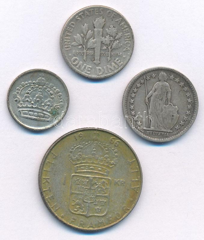 Vegyes: Amerikai Egyesült Államok 1957. 1d Ag 'Roosevelt' + Svájc 1914. 1/2Fr Ag + Svédország 1960. 10ö Ag + 1966. 1K Ag 'VI. Gusztáv Adolf' T:2-3 patina Mixed: USA 1957. 1 Dime Ag 'Roosevelt' + Switzerland 1914. 1/2 Franc Ag + Sweden 1960. - Image 2