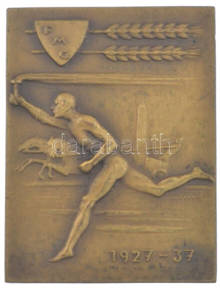1937. 'FMG 1927-1937' egyoldalas bronz sportplakett. Szign.: Breznay (47x35mm) T:1- ph.