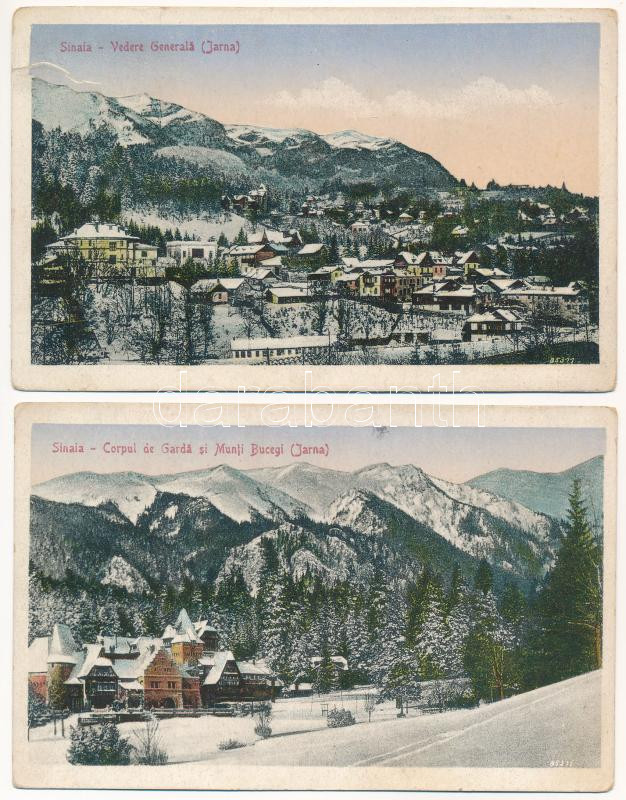 Sinaia - 2 db RÉGI város képeslap: télen / 2 pre-1945 town-view postcards: winter
