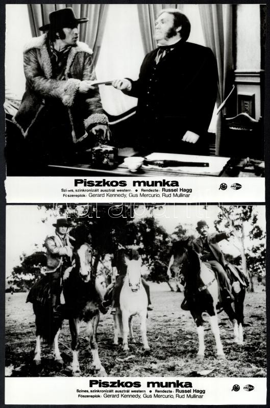cca 1977 ,,Piszkos munka' című ausztrál westernfilm jelenetei és szereplői, 5 db vintage produkciós filmfotó, ezüst zselatinos fotópapíron, a használatból eredő (esetleges) kisebb hibákkal, 18x24 cm