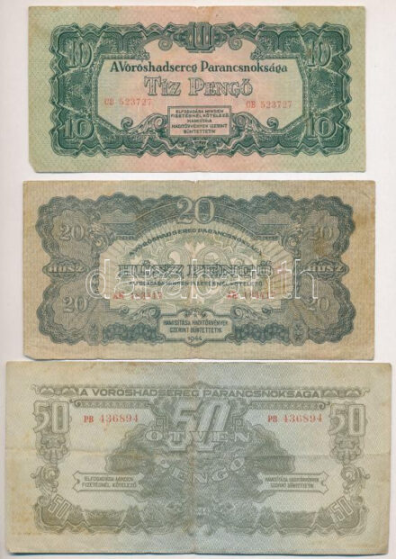 1944. 10P + 20P + 50P 'A Vöröshadsereg Parancsnoksága' T:III,III- folt, kis szakadás