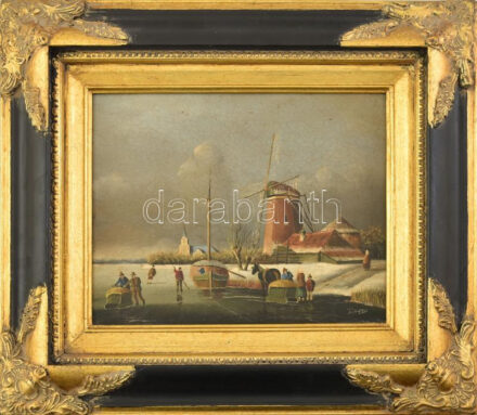 J. Jasper jelzéssel: Holland életkép, malommal, korcsolyázókkal. Olaj, fa, Dekoratív keretben. 20x25 cm