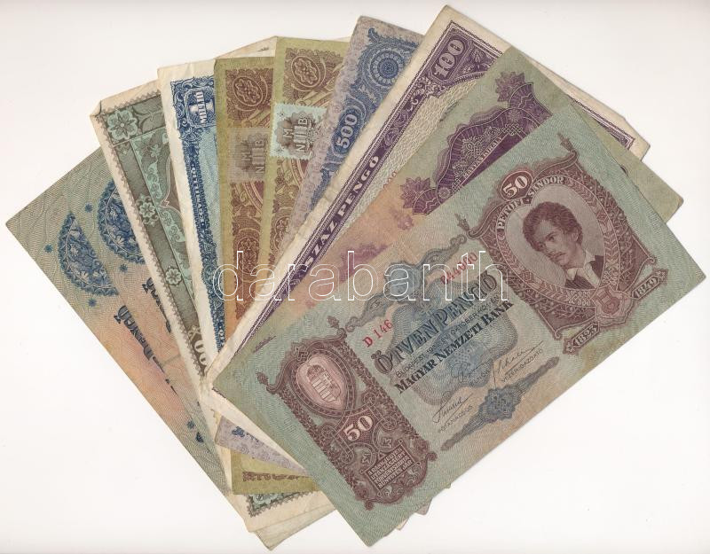 10db-os inflációs pengő bankjegy tétel, közte 1932. 50P 'D 146 044000' T:III közte folt, kis szakadás