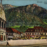 1918 Brassó, Kronstadt, Brasov; Fő tér és Cenk, üzletek, piac. Vasúti levelezőlapárusítás / main square, shops, market, mountain + 'K.u.K. 1. Armeekommando Quartiermeisterabteilung' (EB)