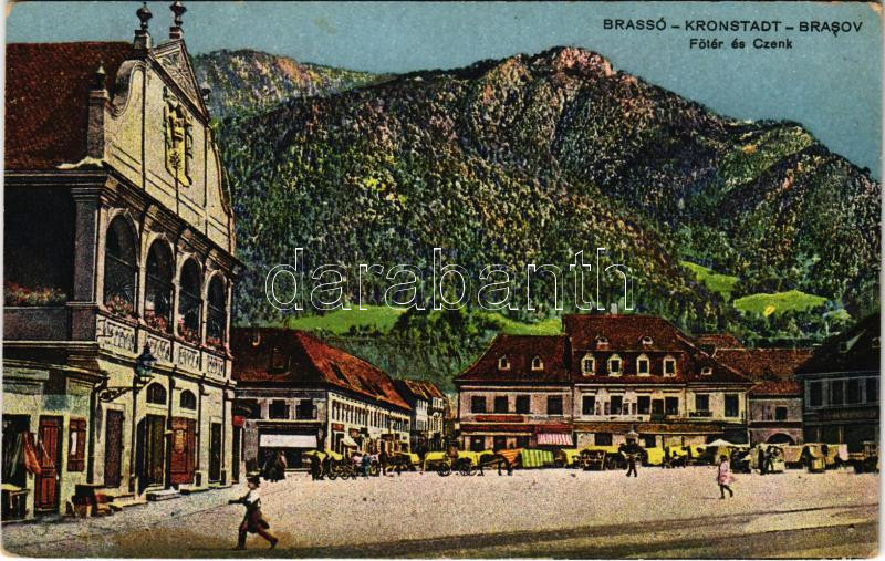1918 Brassó, Kronstadt, Brasov; Fő tér és Cenk, üzletek, piac. Vasúti levelezőlapárusítás / main square, shops, market, mountain + 'K.u.K. 1. Armeekommando Quartiermeisterabteilung' (EB)