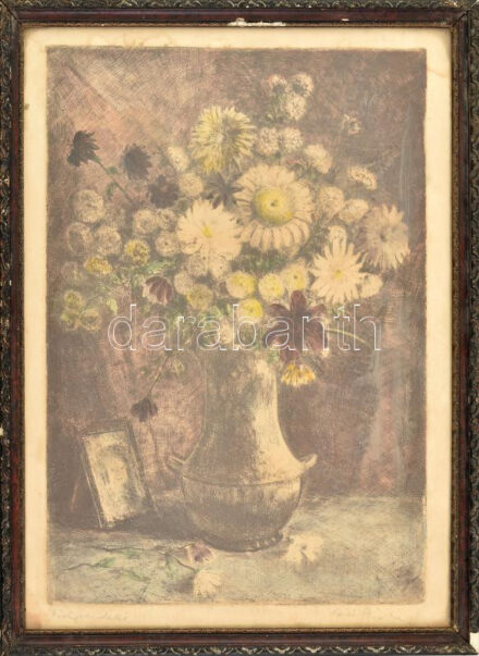 Olvashatatlan jelzéssel: Virágcsendélet. Színezett rézkarc, papír, foltos. Üvegezett, sérült fakeretben. 40x28,5 cm