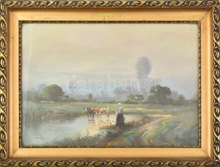 Agárdi Soós Lajos (működött a XX. sz elején-közepén): Tehénpásztorlány. Olaj, karton, jelzett. Hátoldalán töredékes raglappal. Üvegezett, dekoratív fakeretben, 33x49 cm