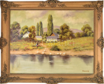 Barsi B. jelzéssel: Libapásztorlány. Olaj, vászon. Dekoratív fakeretben. 60x80 cm