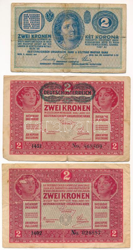 1914. 2K 'C 1437 587658' + 1917. 2K (2x) az egyik bélyegzés nélkül, a másik zöld 'DEUTSCHÖSTERREICH' felülbélyegzéssel T:III,III- közte folt, szakadás, az egyiken kis anyaghiány