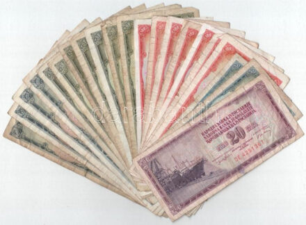 Jugoszlávia 1965-1986. 20D-1000D (21db, 10xklf) T:III,III- Yugoslavia 1965-1986. 20 Dinara - 1000 Dinara (21pcs, 10xdiff) C:F,VG