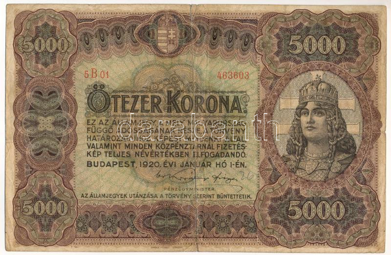 1920. 5000K piros '5B01 463603' sorszámmal, 'Orell Füssli Zürich' nyomdahely jelöléssel T:III- restaurálva Adamo K38