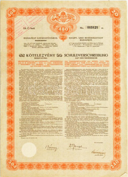 Budapest 1914. 'Budapest Székesfőváros' 4 1/2%-os kötelezvény bemutatóra 480K-ról, magyar és német nyelven, szárazpecséttel, felülbélyegzésekkel, szelvényekkel, vízjeles papíron T:II