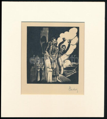 Buday György (1907-1990): Kopjafánál, fametszet, utólagos jelzéssel, paszpartuban 11,5×10,5 cm