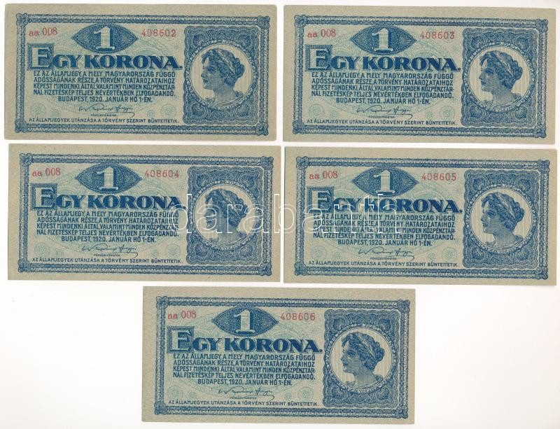 1920. 1K (5x) sorszámkövetők 'aa 008 408602 - aa 008 408606' T:I,I- Adamo K4