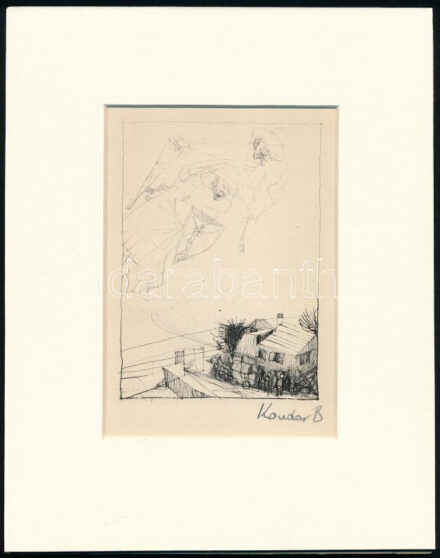 Kondor Béla (1931-1972): Szellemek a város felett. Rézkarc, papír, utólagos jelzéssel, paszpartuban, 11,5×8 cm