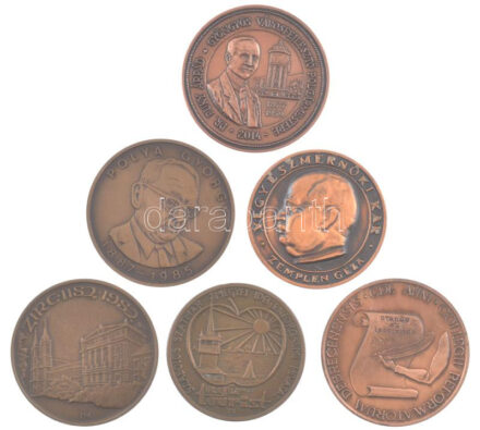 6 darabos bronz emlékérem tétel, közte 'Budapesti Műszaki Egyetem', 'Dr. Puky Árpád', 'Reformatorum Debrecensis', 'Zirc 1982', 'Pólya György' (42mm) T:1-