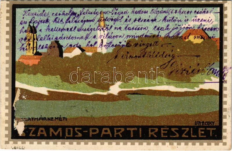 1925 Szatmárnémeti, Szatmár, Satu Mare; Szamos parti részlet. Reizer János kiadása / Somes riverside. Art Nouveau litho s: Utteczky ( felszíni sérülés / surface damage)